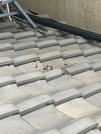 下屋根の平面瓦破損確認